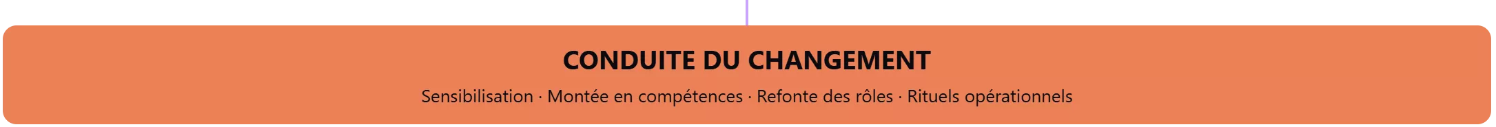 Conduite du changement CONDUITE DU CHANGEMENT : Sensibilisation · Montée en compétences · Refonte des rôles · Rituels opérationnels
