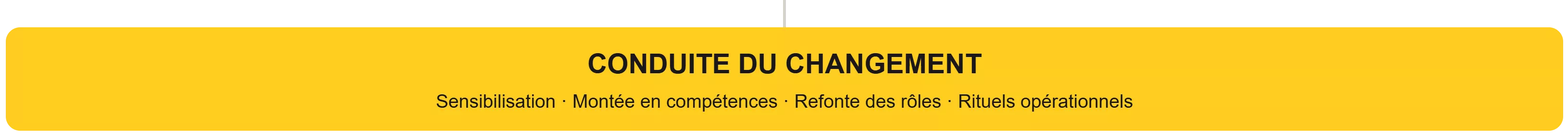 Conduite du changement CONDUITE DU CHANGEMENT : Sensibilisation · Montée en compétences · Refonte des rôles · Rituels opérationnels